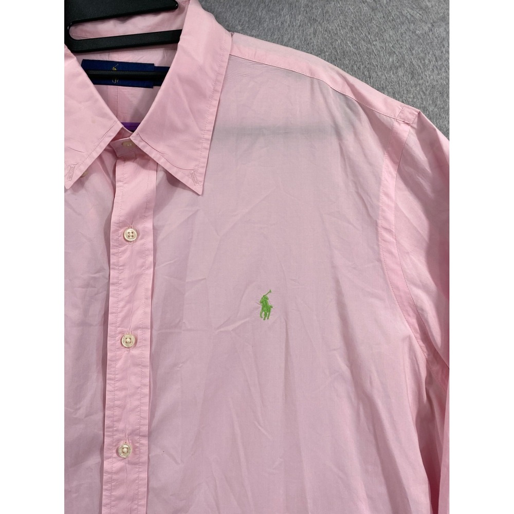 Ralph Lauren Men XXL Pink Button Down Long Sleeve Dress Classic Shirt Green Pony